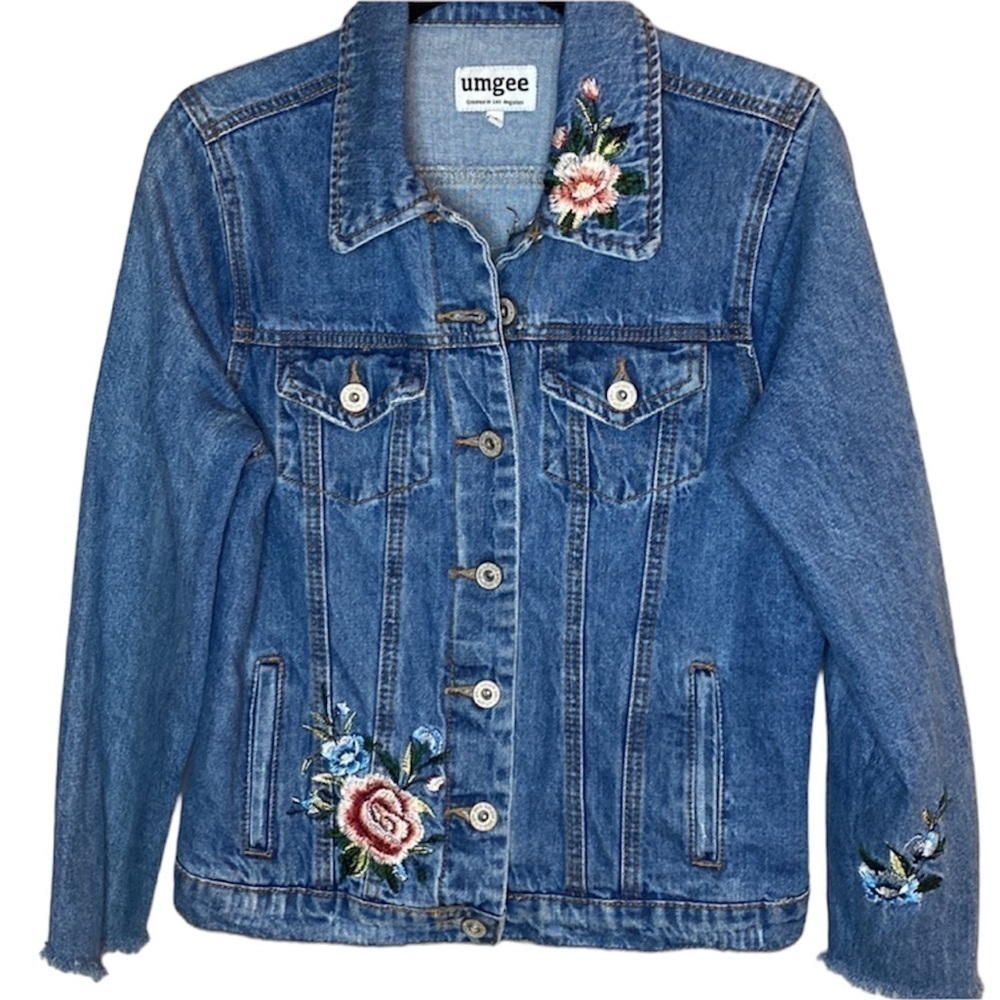 Umgee Embroidered Floral Denim Trucker Jacket Sz Small